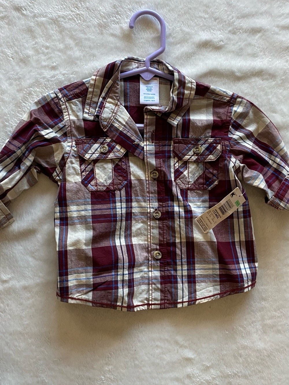 Kids Plaid Button-Down Shirt - Burgundy/Cream New. size 12m